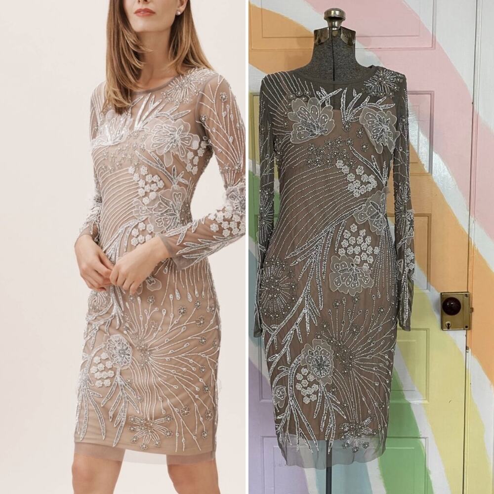 ✨Adrianna Papell Embellished Floral Beaded Sheath Cocktail Dress Sz 6